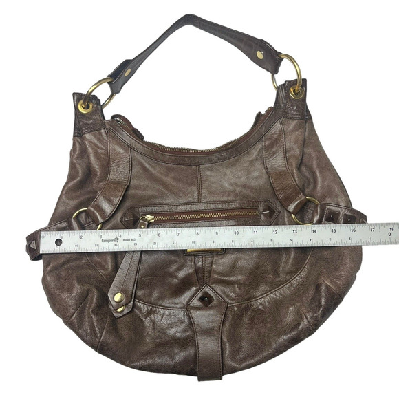 ISABELLA FIORE Women Brown Leather Gold hardware studded Boho shoulder bag Purs - Picture 8 of 8